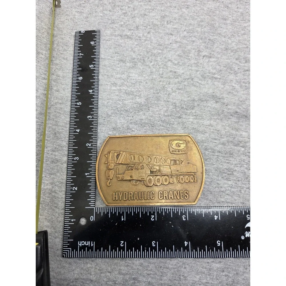 Vintage 1970s Solid Brass Grove Hydraulic Cranes Heavy Belt Buckle Mens USA